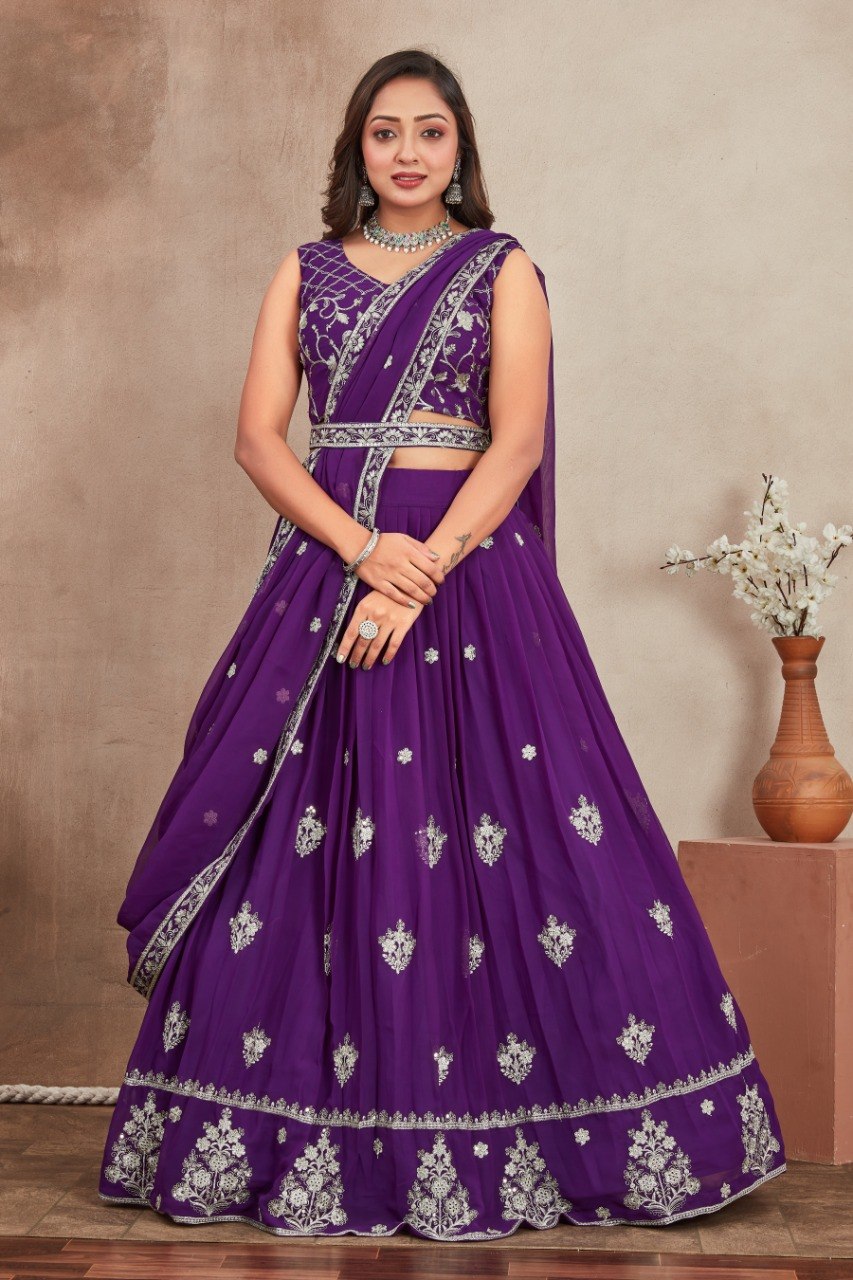 Purple Georgette Embroidered Lehenga