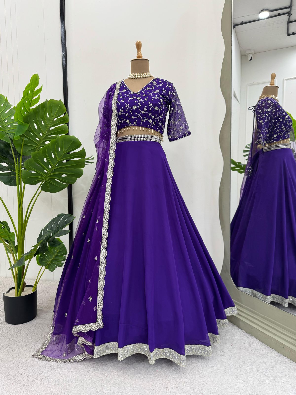 Purple Glamorous Faux Georgette Semi-Stitched Lehenga Choli with Butterfly Net Dupatta