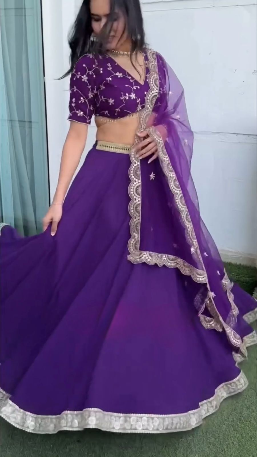 Purple Glamorous Faux Georgette Semi-Stitched Lehenga Choli with Butterfly Net Dupatta