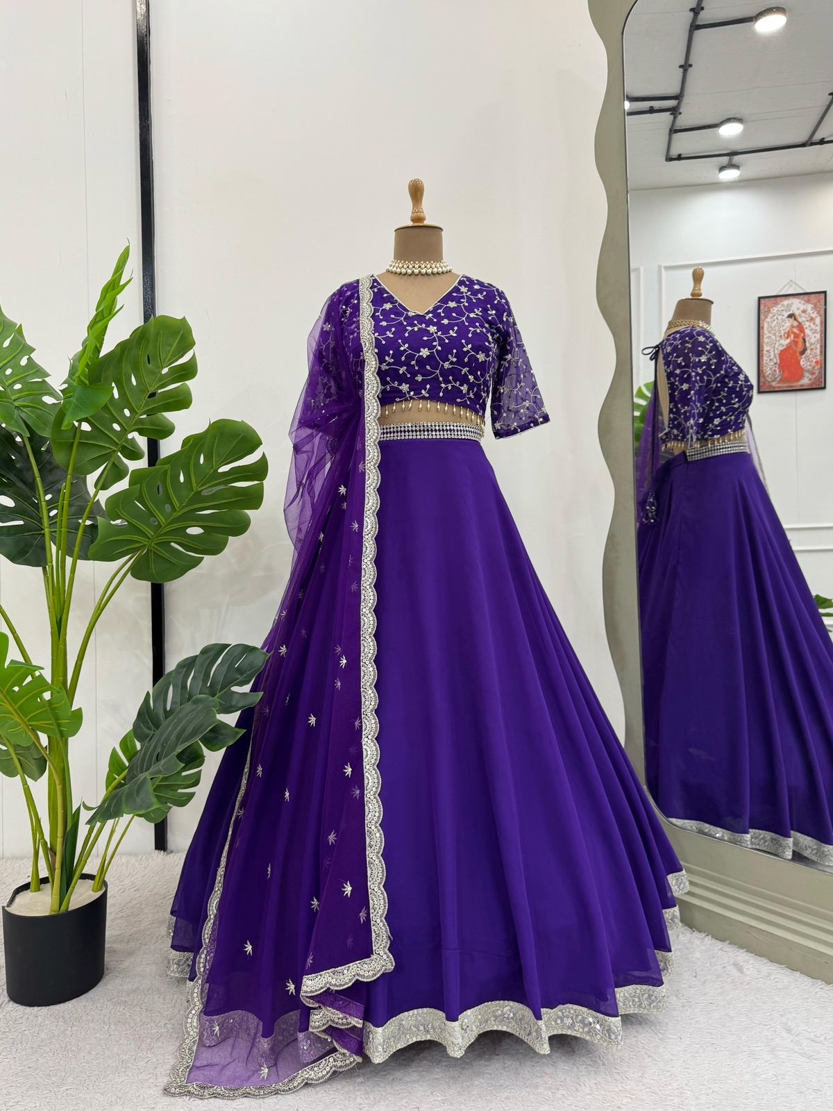 Purple Glamorous Faux Georgette Semi-Stitched Lehenga Choli with Butterfly Net Dupatta