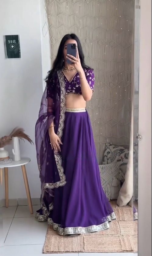 Purple Glamorous Faux Georgette Semi-Stitched Lehenga Choli with Butterfly Net Dupatta