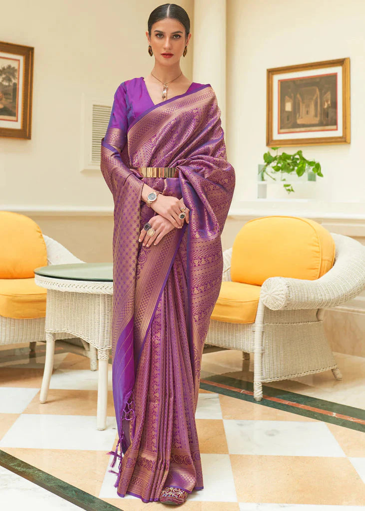Purple Glossy Handloom Binny Silk Saree with Zari Weaving