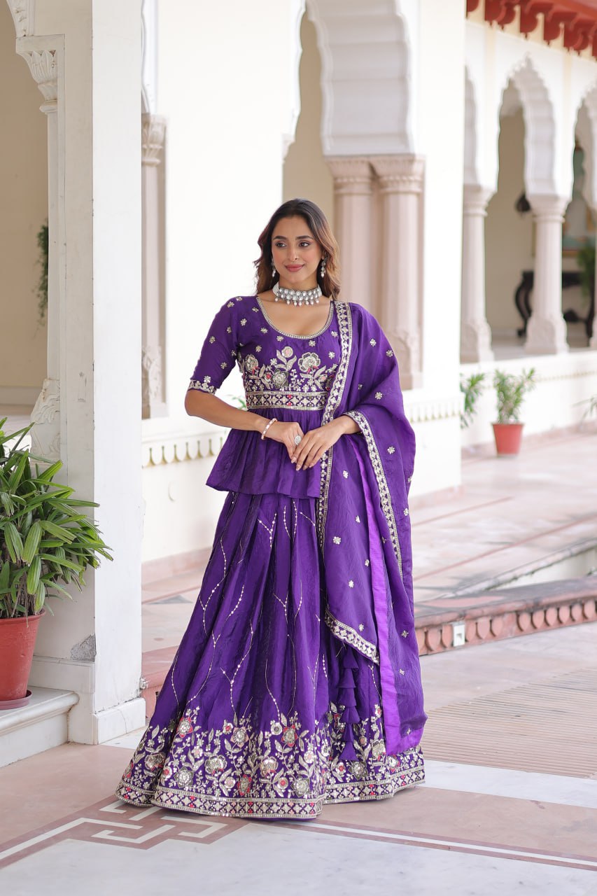 Purple Gold Crush Multi-Thread Embroidered Lehenga Choli Set with Sequins Work & Designer Dupatta – Fully Stitched
