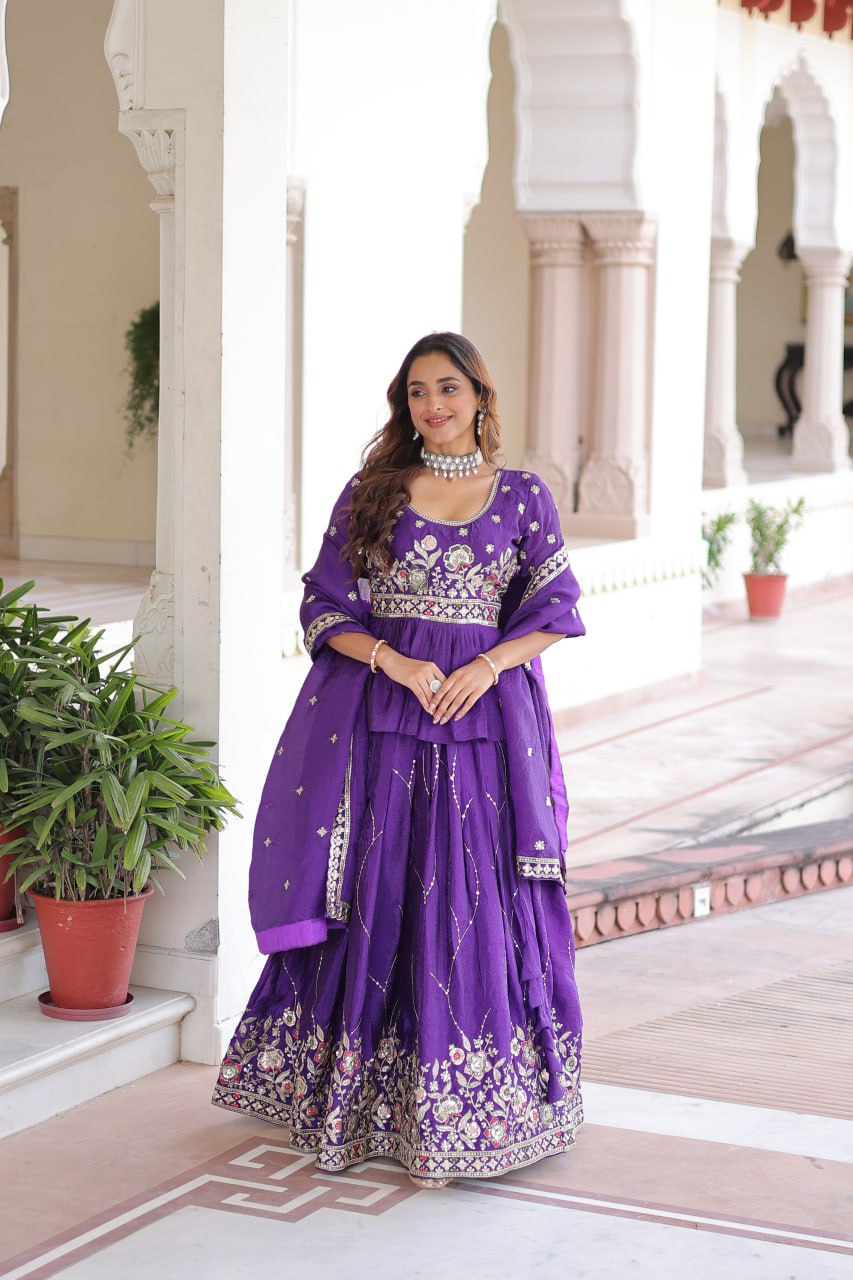 Purple Gold Crush Multi-Thread Embroidered Lehenga Choli Set with Sequins Work & Designer Dupatta – Fully Stitched