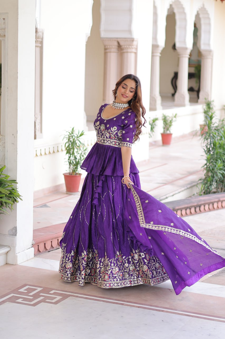 Purple Gold Crush Multi-Thread Embroidered Lehenga Choli Set with Sequins Work & Designer Dupatta – Fully Stitched