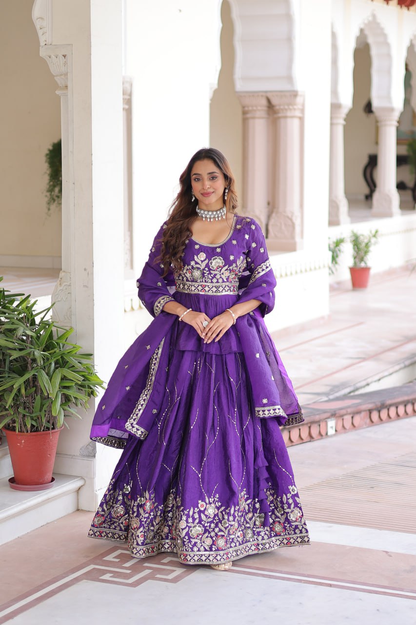 Purple Gold Crush Multi-Thread Embroidered Lehenga Choli Set with Sequins Work & Designer Dupatta – Fully Stitched