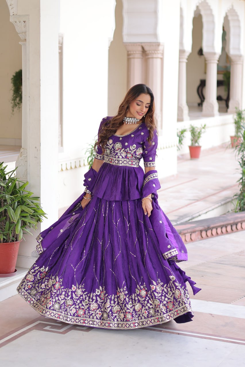 Purple Gold Crush Multi-Thread Embroidered Lehenga Choli Set with Sequins Work & Designer Dupatta – Fully Stitched