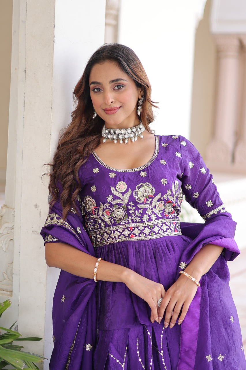 Purple Gold Crush Multi-Thread Embroidered Lehenga Choli Set with Sequins Work & Designer Dupatta – Fully Stitched