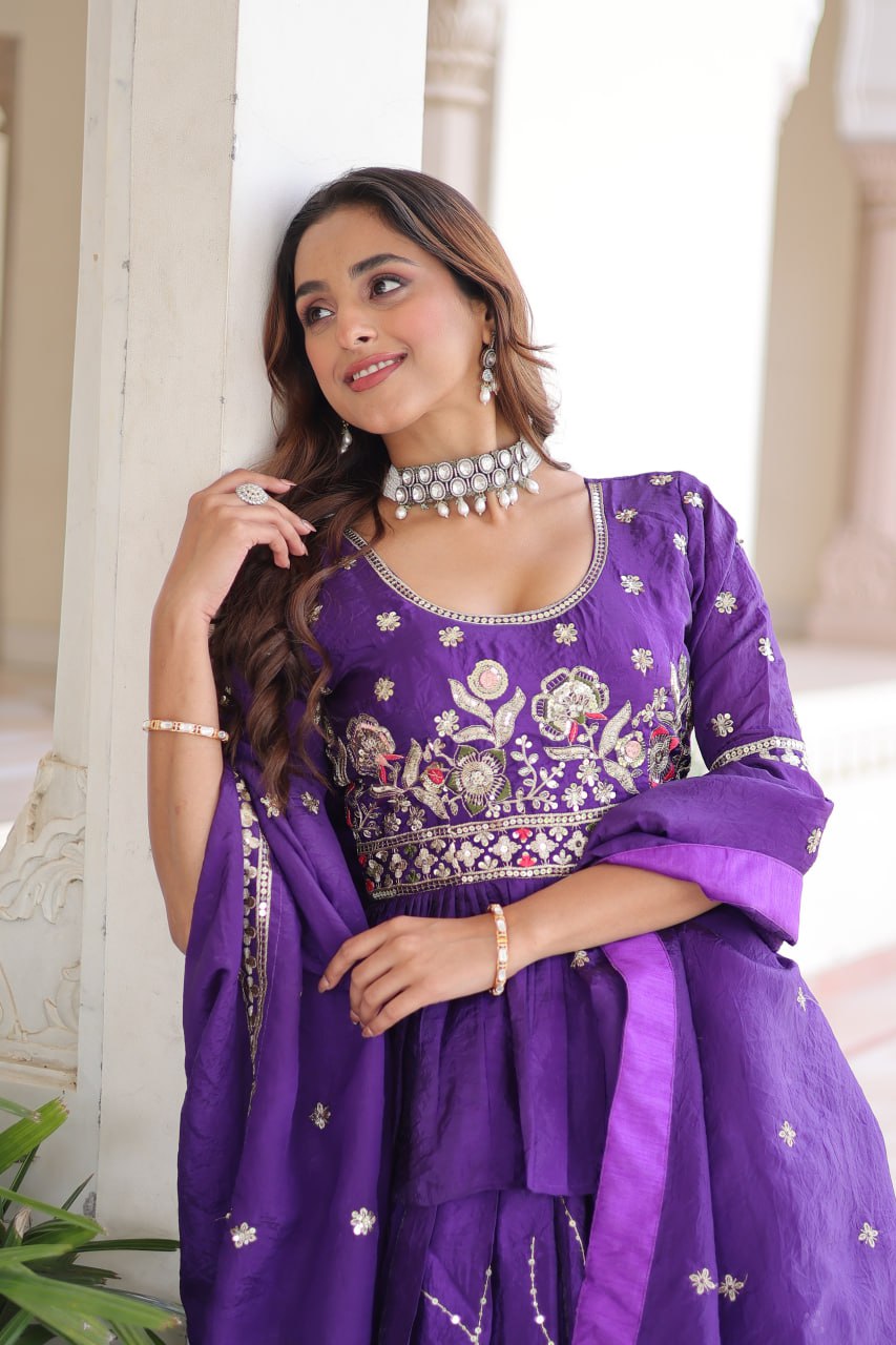 Purple Gold Crush Multi-Thread Embroidered Lehenga Choli Set with Sequins Work & Designer Dupatta – Fully Stitched