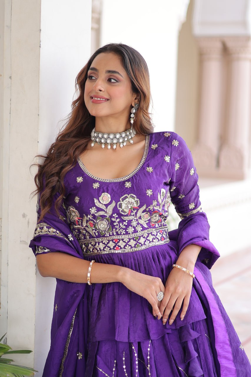 Purple Gold Crush Multi-Thread Embroidered Lehenga Choli Set with Sequins Work & Designer Dupatta – Fully Stitched