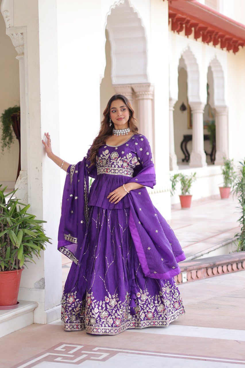 Purple Gold Crush Multi-Thread Embroidered Lehenga Choli Set with Sequins Work & Designer Dupatta – Fully Stitched