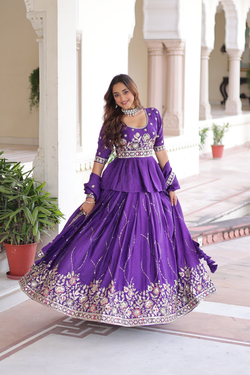 Purple Gold Crush Multi-Thread Embroidered Lehenga Choli Set with Sequins Work & Designer Dupatta – Fully Stitched