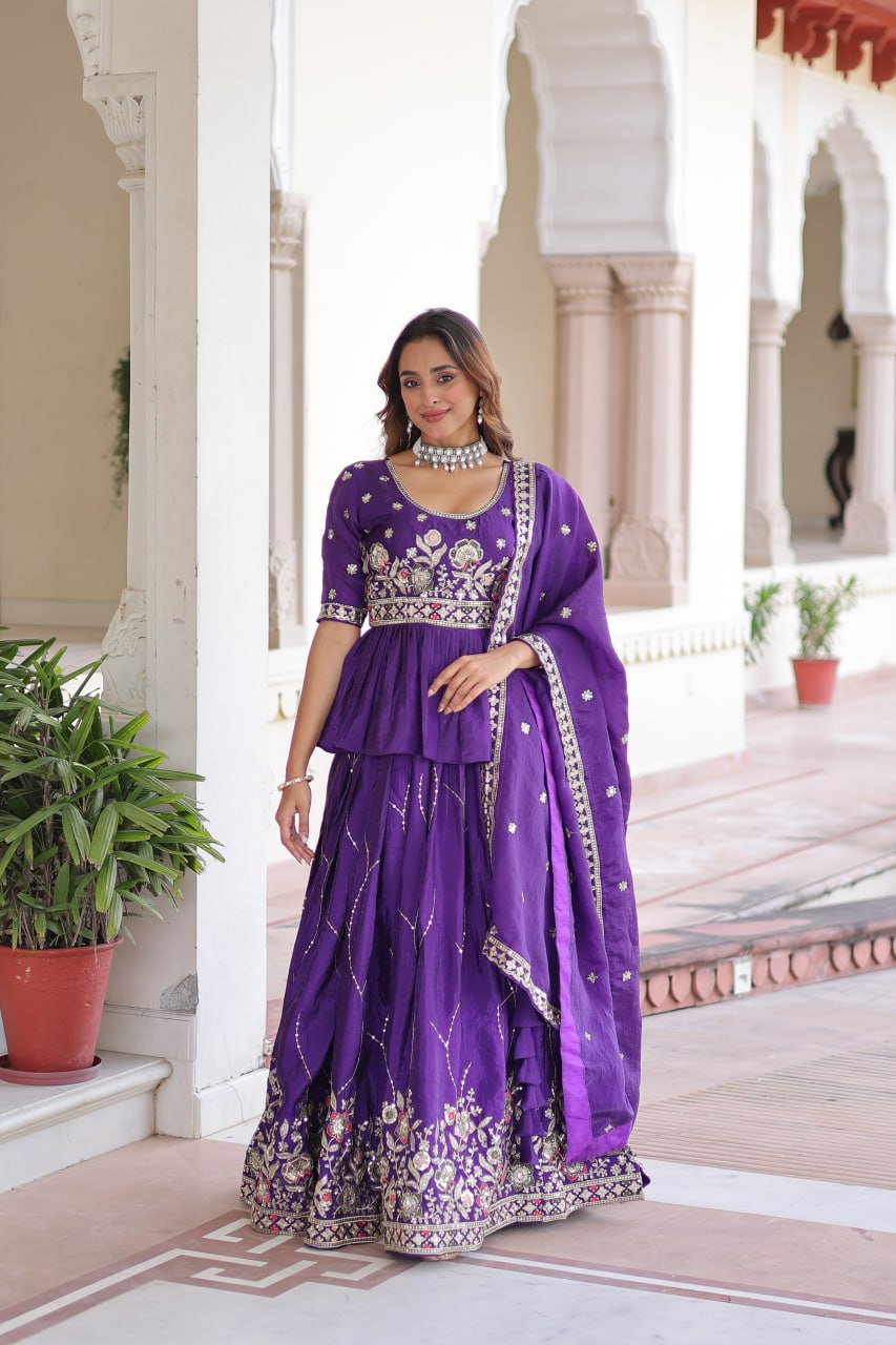 Purple Gold Crush Multi-Thread Embroidered Lehenga Choli Set with Sequins Work & Designer Dupatta – Fully Stitched