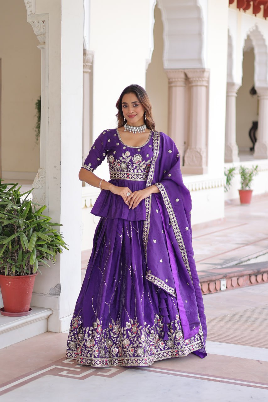 Purple Gold Crush Multi-Thread Embroidered Lehenga Choli Set with Sequins Work & Designer Dupatta – Fully Stitched