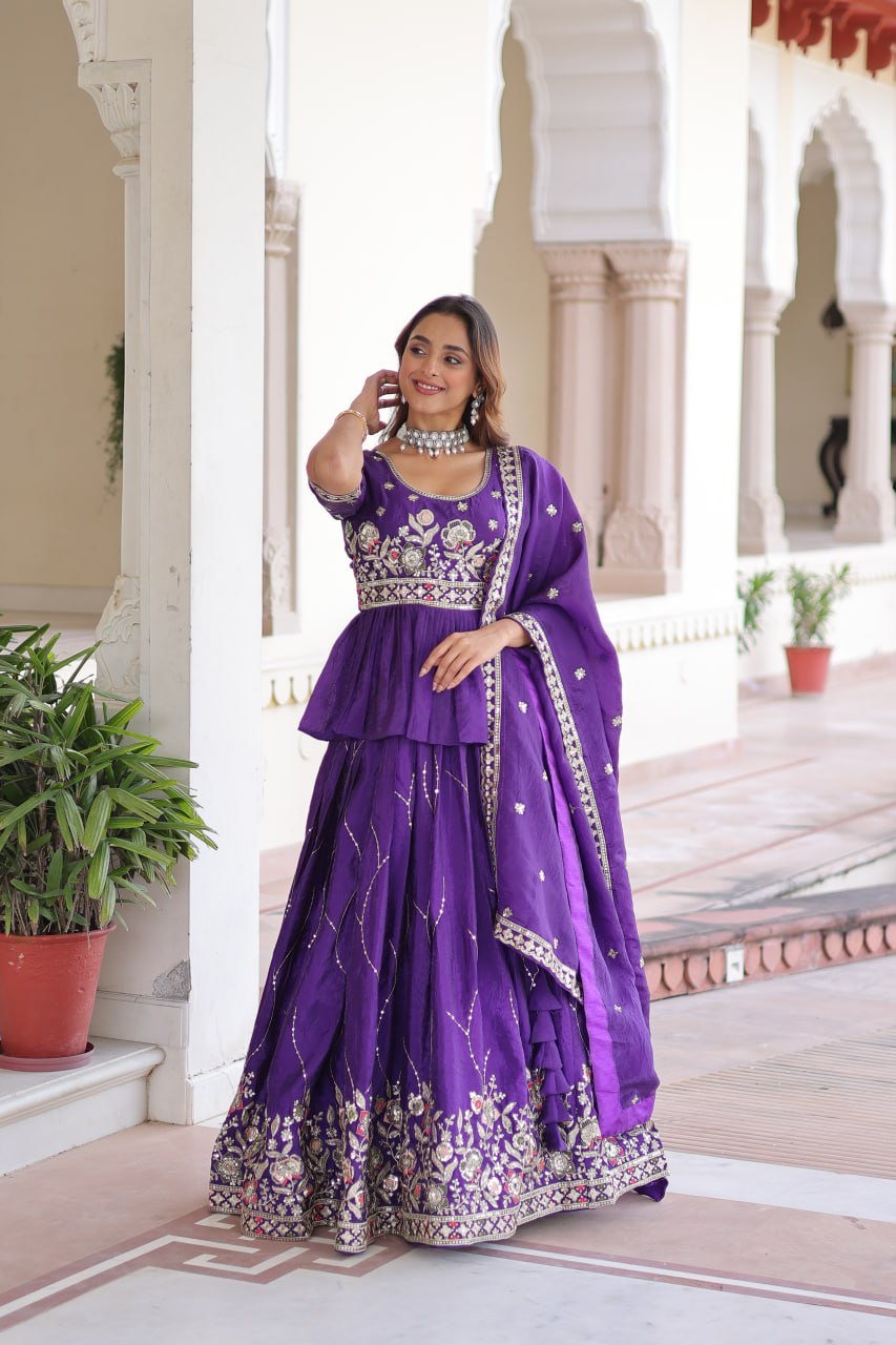 Purple Gold Crush Multi-Thread Embroidered Lehenga Choli Set with Sequins Work & Designer Dupatta – Fully Stitched
