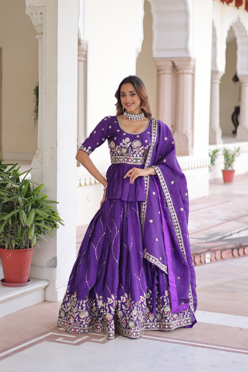 Purple Gold Crush Multi-Thread Embroidered Lehenga Choli Set with Sequins Work & Designer Dupatta – Fully Stitched