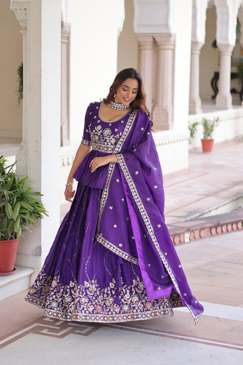 Purple Gold Crush Multi-Thread Embroidered Lehenga Choli Set with Sequins Work & Designer Dupatta – Fully Stitched