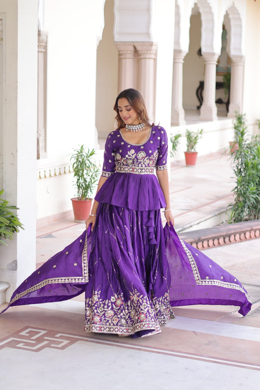 Purple Gold Crush Multi-Thread Embroidered Lehenga Choli Set with Sequins Work & Designer Dupatta – Fully Stitched