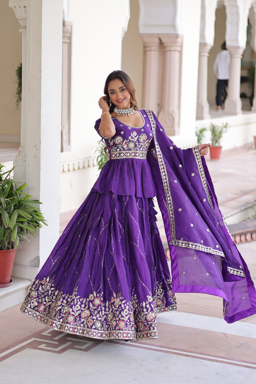 Purple Gold Crush Multi-Thread Embroidered Lehenga Choli Set with Sequins Work & Designer Dupatta – Fully Stitched