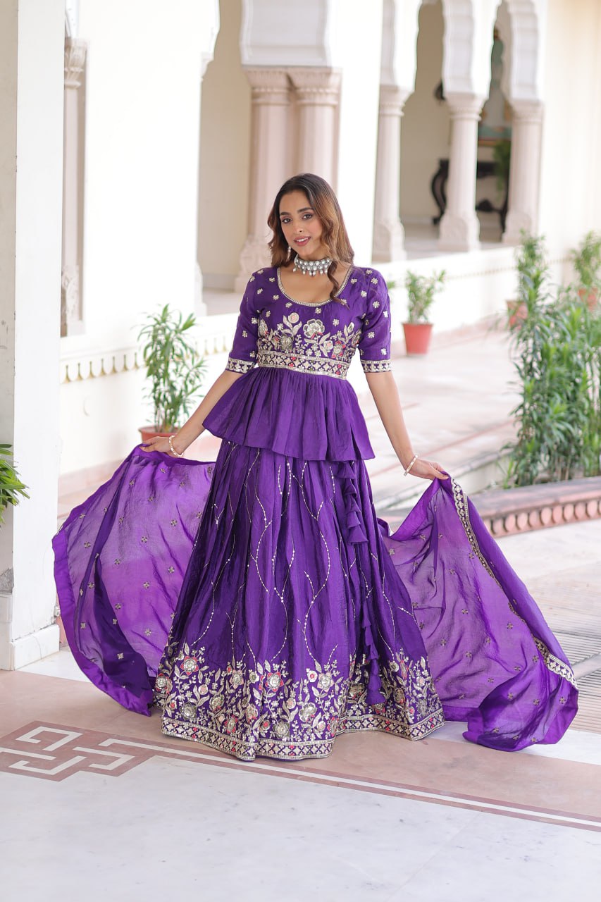 Purple Gold Crush Multi-Thread Embroidered Lehenga Choli Set with Sequins Work & Designer Dupatta – Fully Stitched