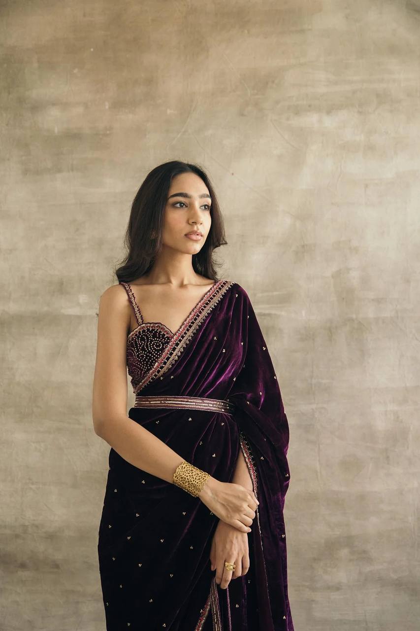 Purple Gorgeous Velvet Saree with Sequin, Dori & Thread Work – Unstitched Blouse & Belt