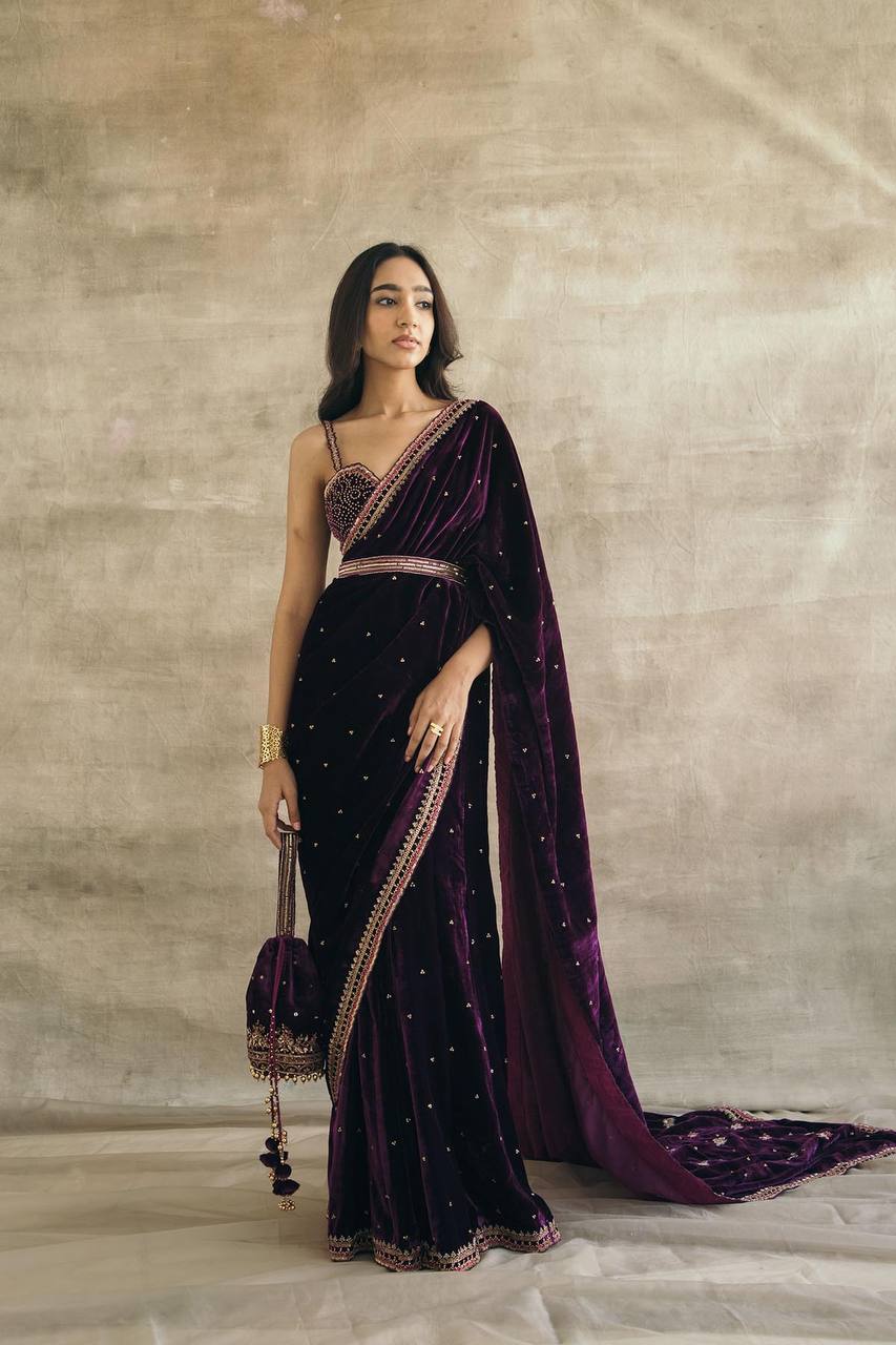 Purple Gorgeous Velvet Saree with Sequin, Dori & Thread Work – Unstitched Blouse & Belt
