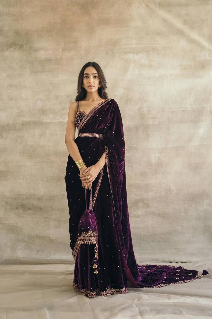 Purple Gorgeous Velvet Saree with Sequin, Dori & Thread Work – Unstitched Blouse & Belt