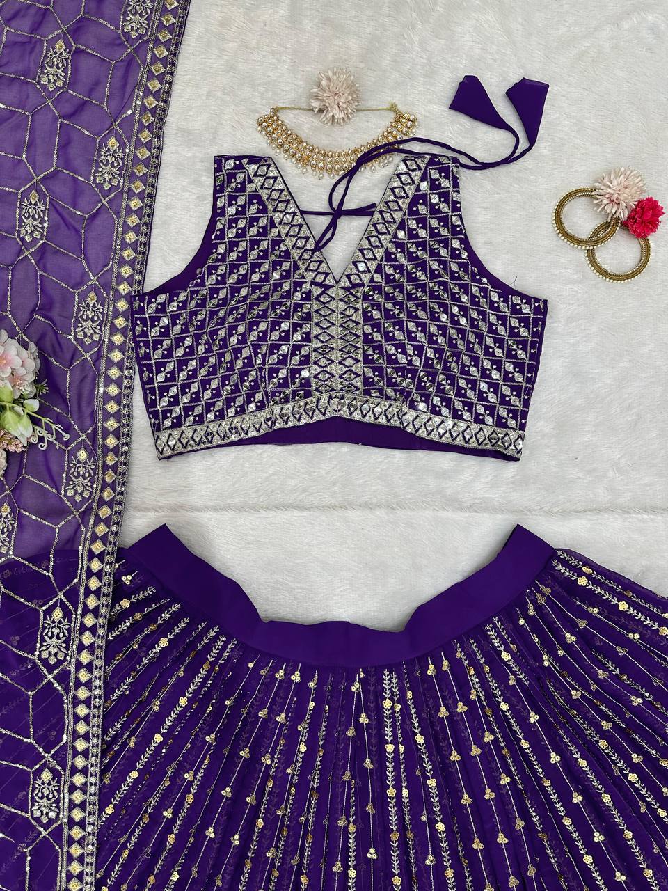 Purple Graceful Fox Georgette Semi-Stitched Lehengha Set with Thread & Sequin Work