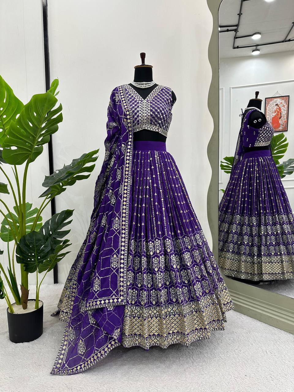 Purple Graceful Fox Georgette Semi-Stitched Lehengha Set with Thread & Sequin Work