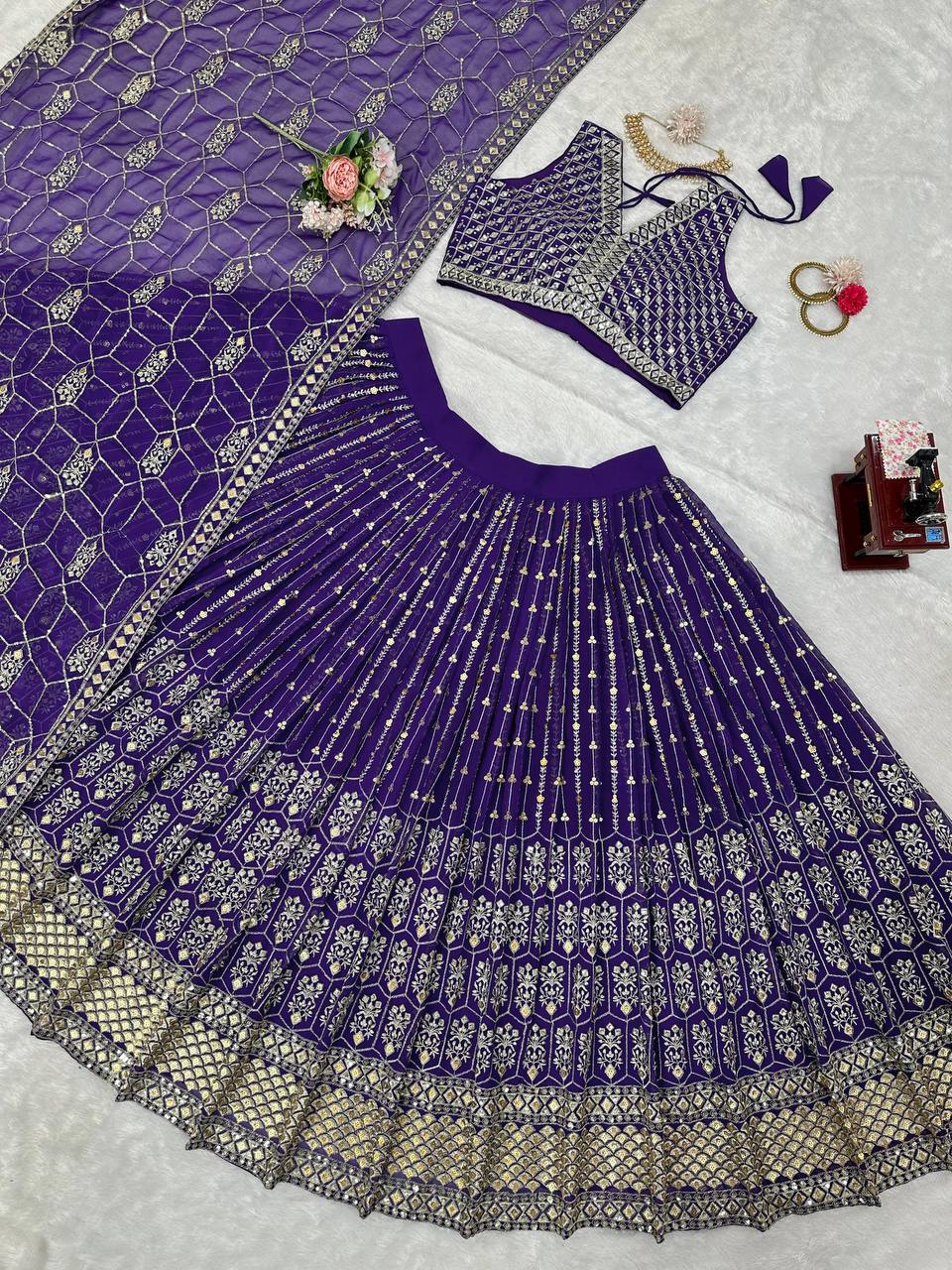 Purple Graceful Fox Georgette Semi-Stitched Lehengha Set with Thread & Sequin Work