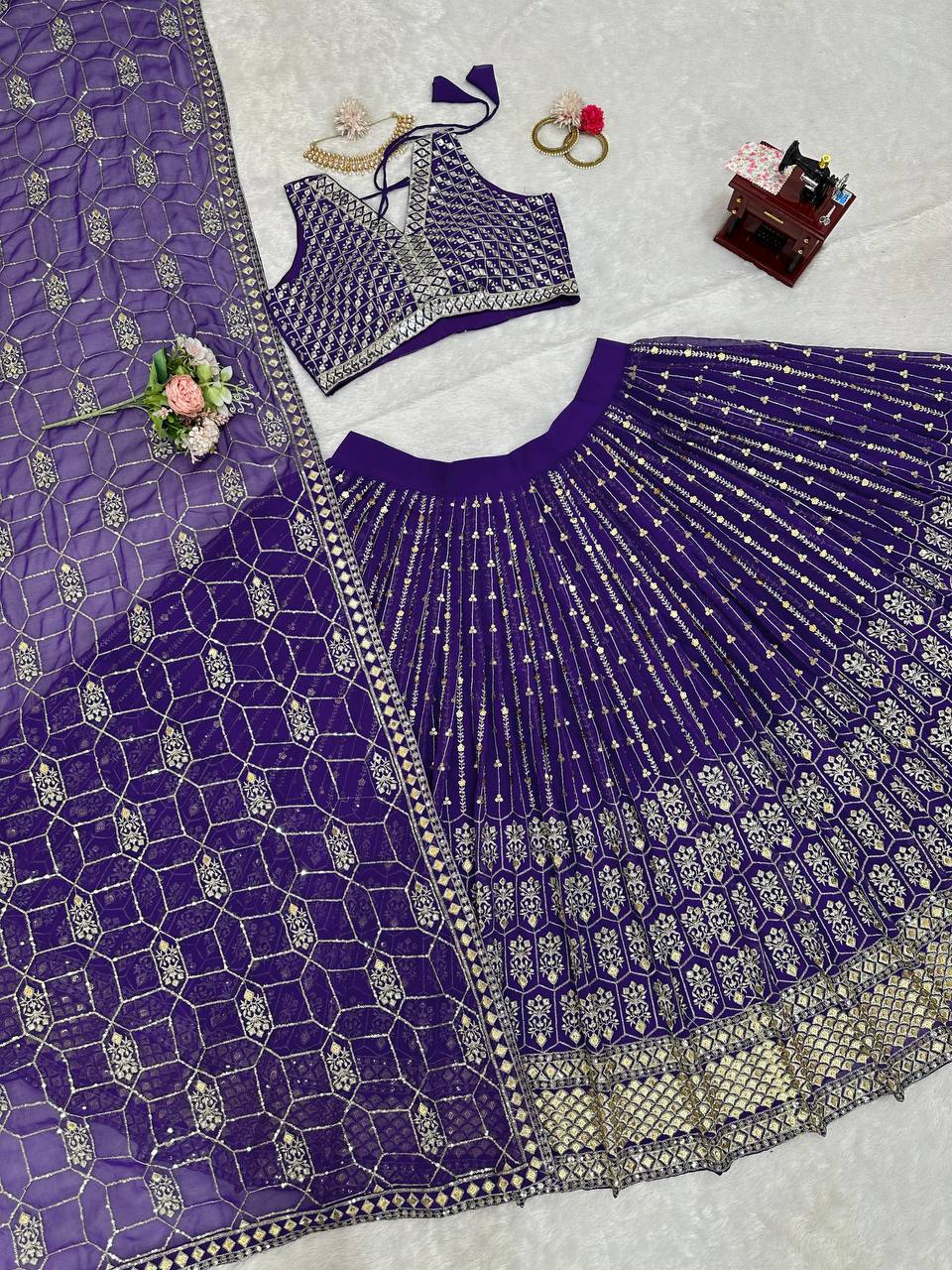 Purple Graceful Fox Georgette Semi-Stitched Lehengha Set with Thread & Sequin Work