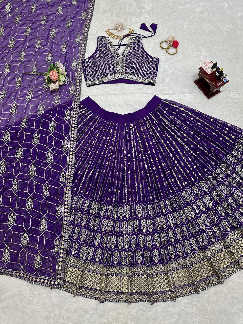 Purple Graceful Fox Georgette Semi-Stitched Lehengha Set with Thread & Sequin Work