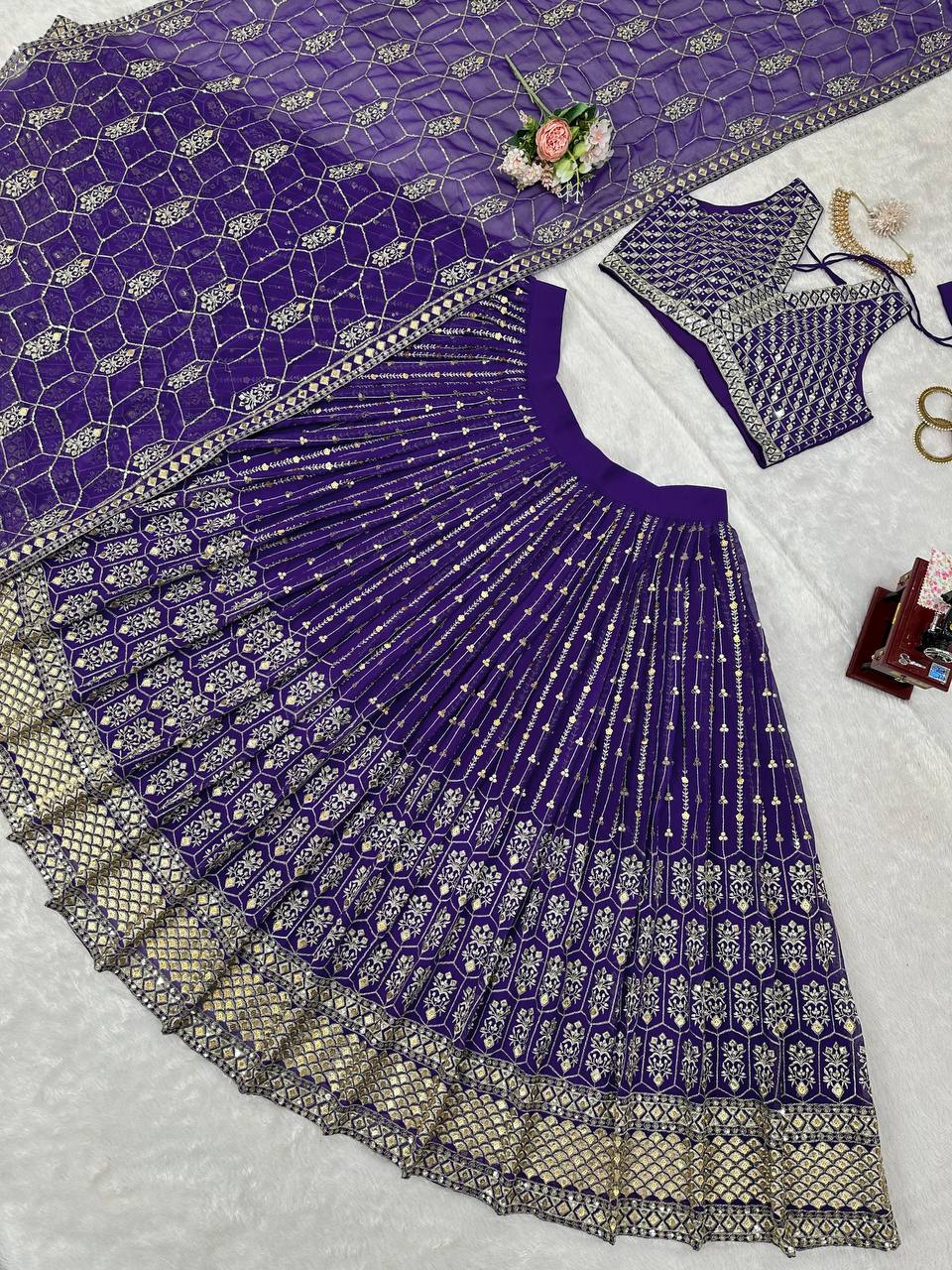 Purple Graceful Fox Georgette Semi-Stitched Lehengha Set with Thread & Sequin Work