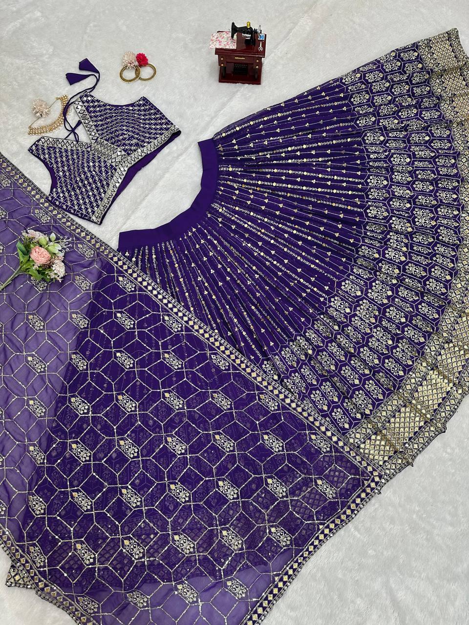 Purple Graceful Fox Georgette Semi-Stitched Lehengha Set with Thread & Sequin Work