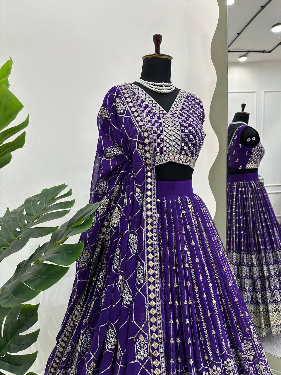 Purple Graceful Fox Georgette Semi-Stitched Lehengha Set with Thread & Sequin Work