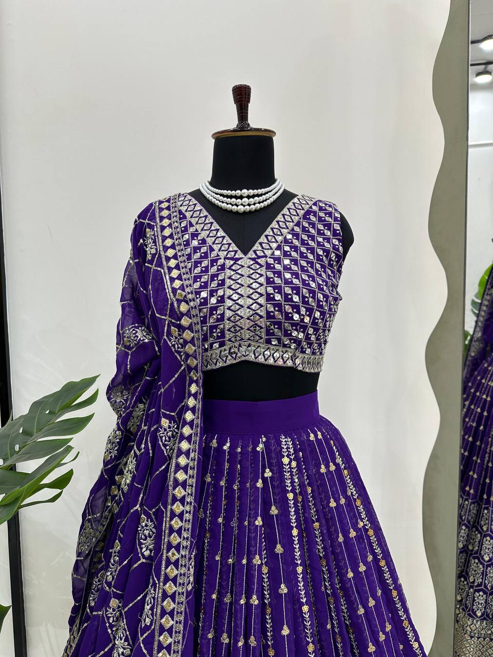 Purple Graceful Fox Georgette Semi-Stitched Lehengha Set with Thread & Sequin Work