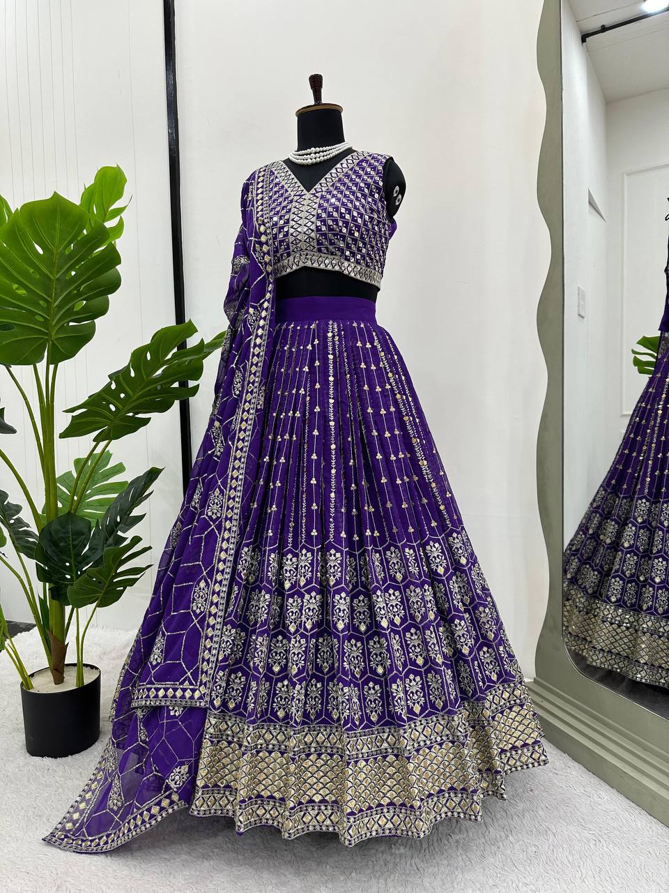Purple Graceful Fox Georgette Semi-Stitched Lehengha Set with Thread & Sequin Work
