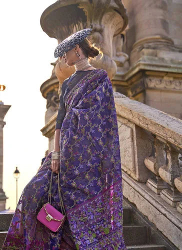 Purple Graceful Organza Silk Parsi Handloom Weaving Saree with Blouse Piece