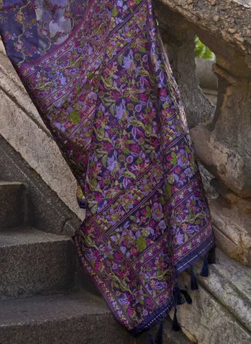 Purple Graceful Organza Silk Parsi Handloom Weaving Saree with Blouse Piece