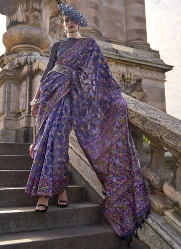 Purple Graceful Organza Silk Parsi Handloom Weaving Saree with Blouse Piece