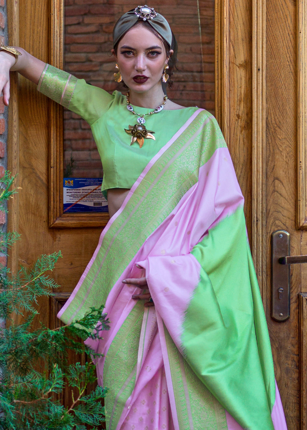 Purple & Green Regal Banarasi Soft Silk Saree with Intricate Timeless Design & Blouse Piece
