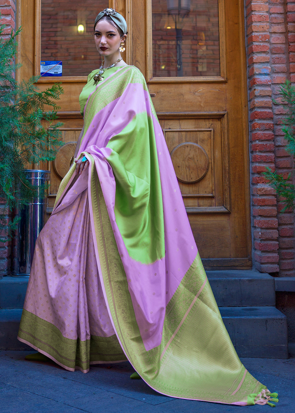 Purple & Green Regal Banarasi Soft Silk Saree with Intricate Timeless Design & Blouse Piece