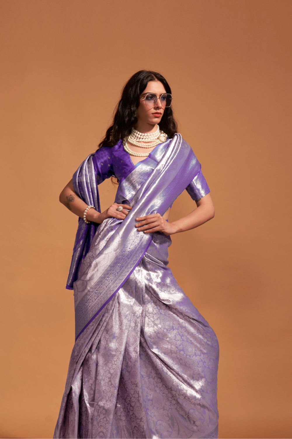 Purple Handwoven Kanjivaram Silk Saree with Blouse Piece