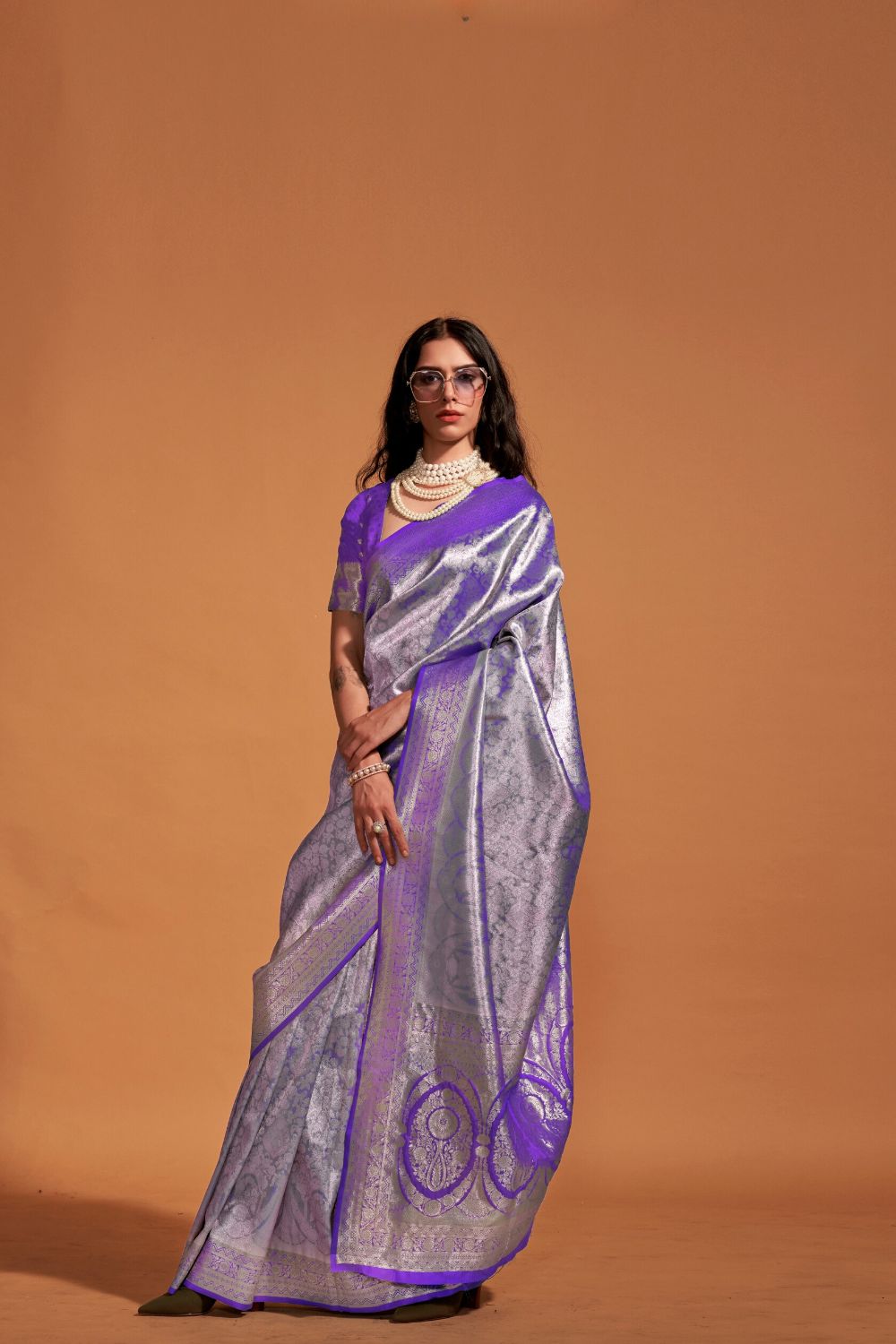 Purple Handwoven Kanjivaram Silk Saree with Blouse Piece