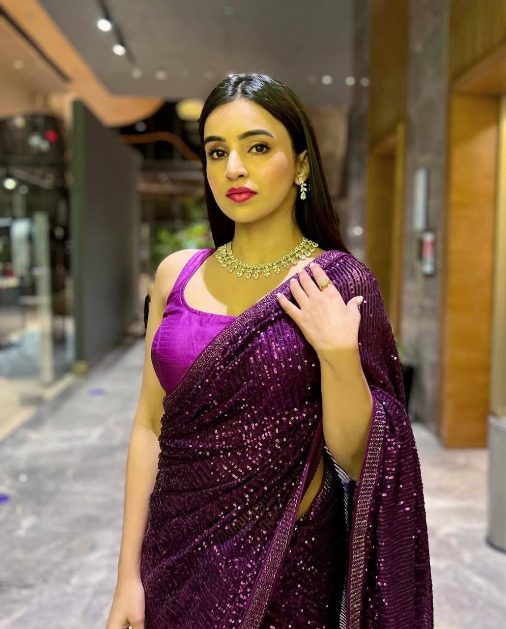 Purple Heart-Captivating Georgette Saree with Sequins and Dori Border