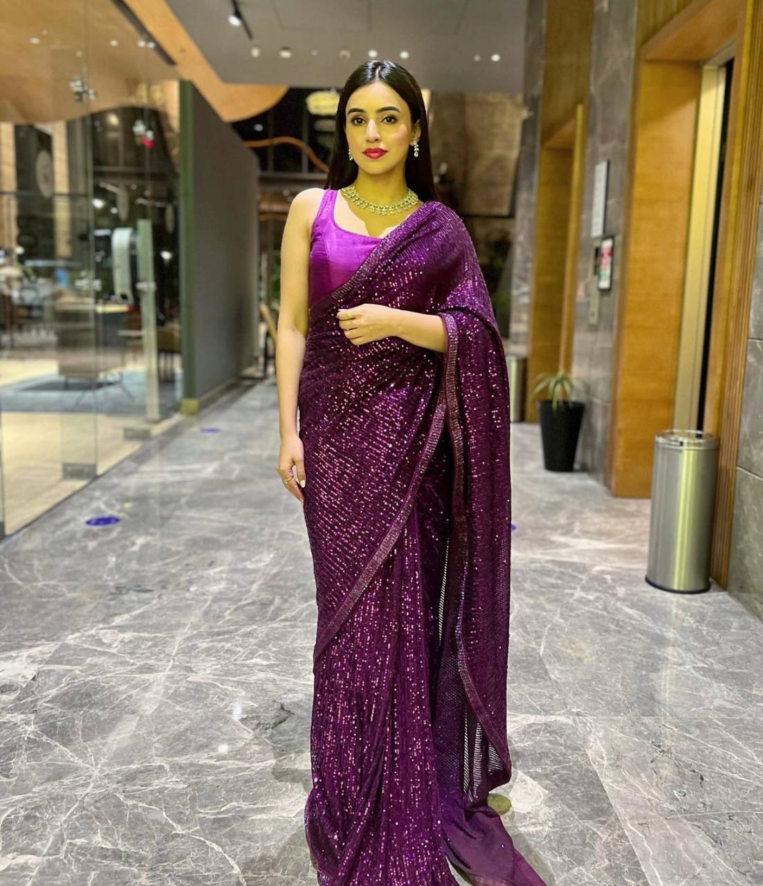 Purple Heart-Captivating Georgette Saree with Sequins and Dori Border