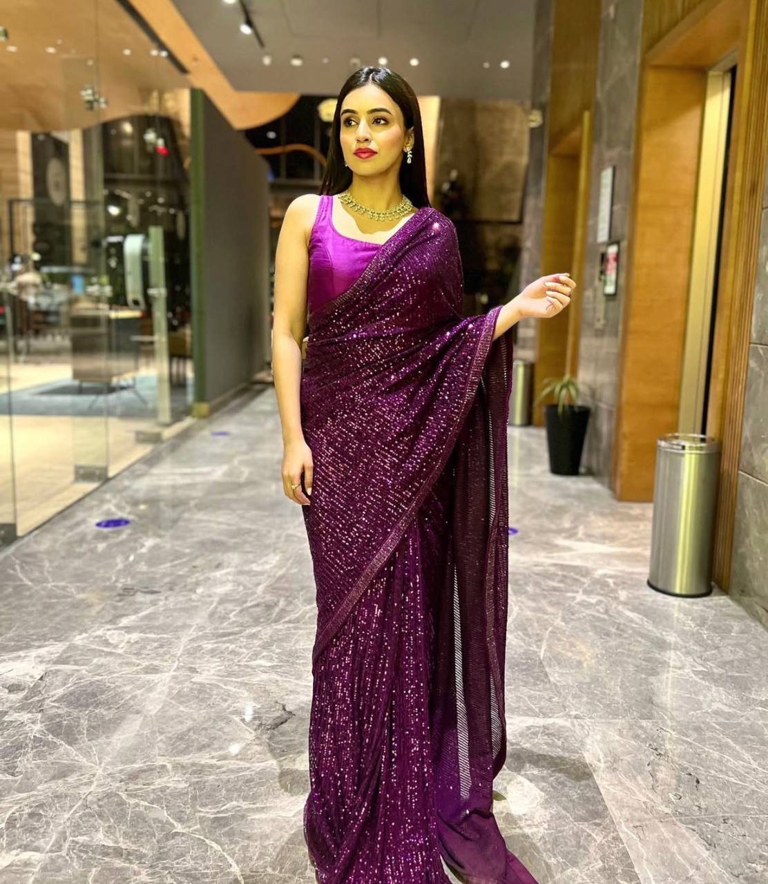 Purple Heart-Captivating Georgette Saree with Sequins and Dori Border