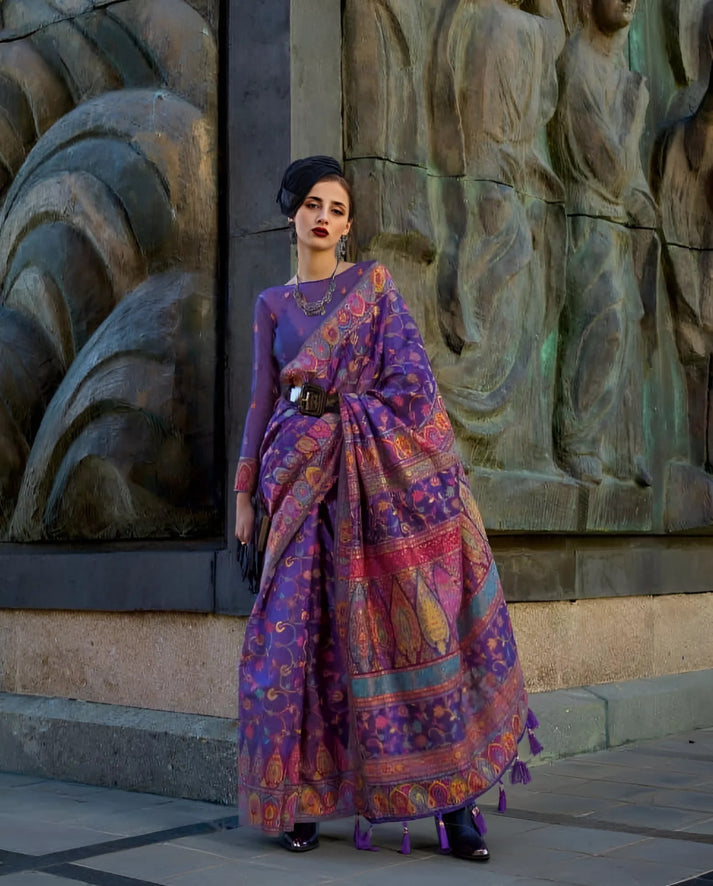 Purple Jamawar Woven Organza Silk Saree – Traditional Elegance with Blouse Piece