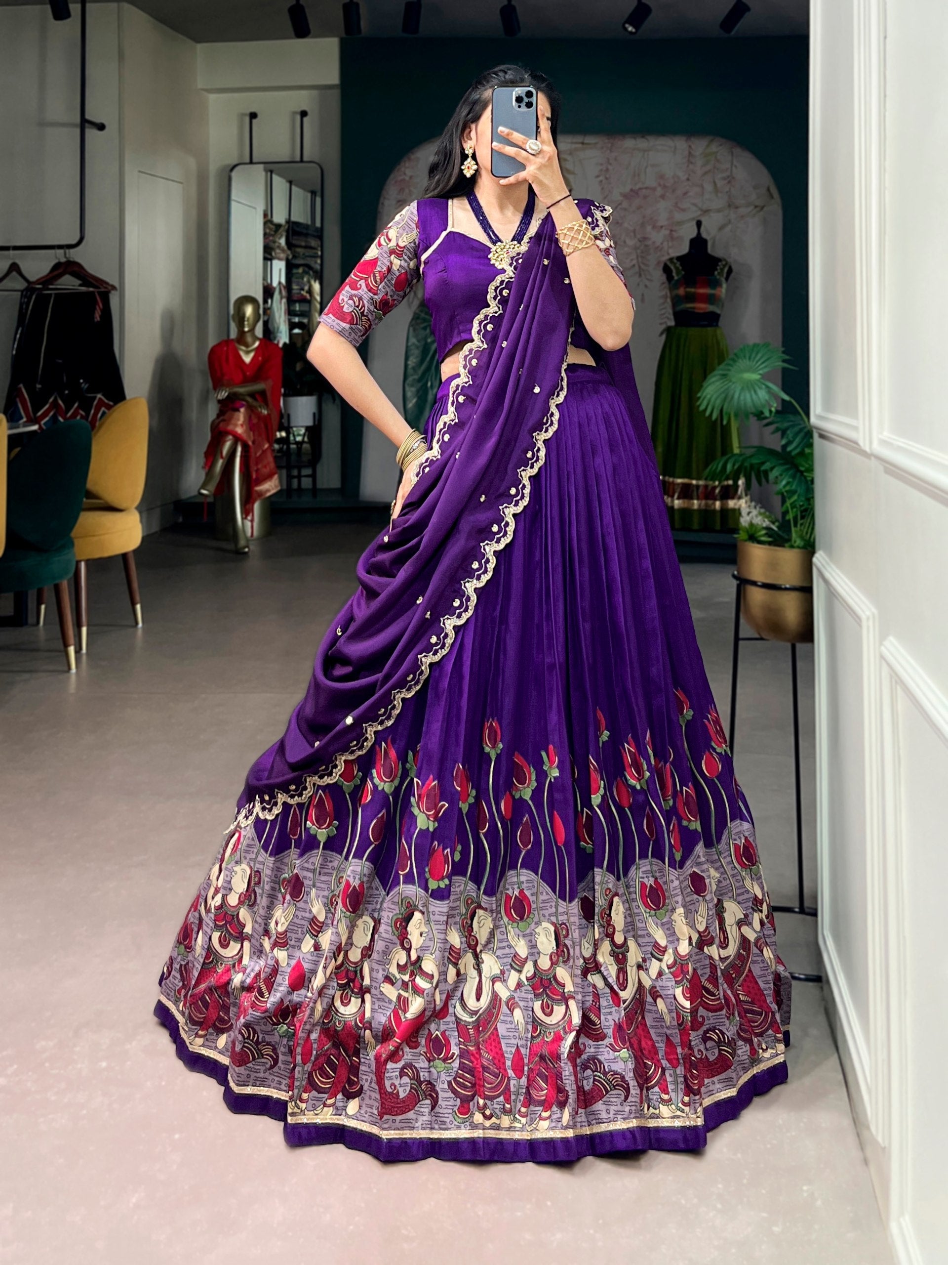 Purple Kalamkari Print Lehenga Set