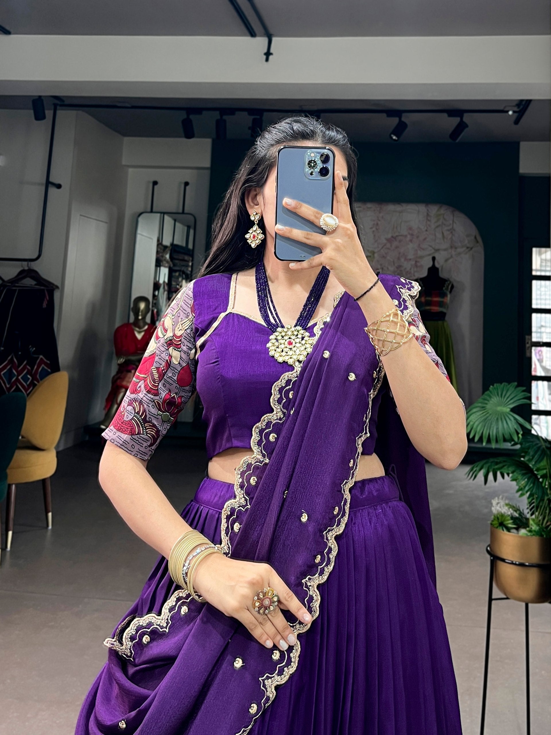 Purple Kalamkari Print Lehenga Set
